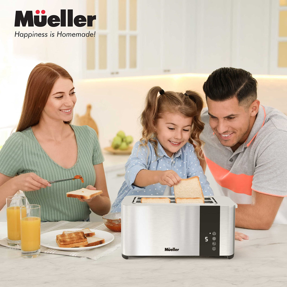 Mueller UltraToast Full Stainless Steel Toaster 4 Slice, Long Extra-Wide Slots with Removable Tray, Cancel/Defrost/Reheat Functions, 6 Browning Levels with LED Display, Kitchen Essentials & Gadgets Mueller