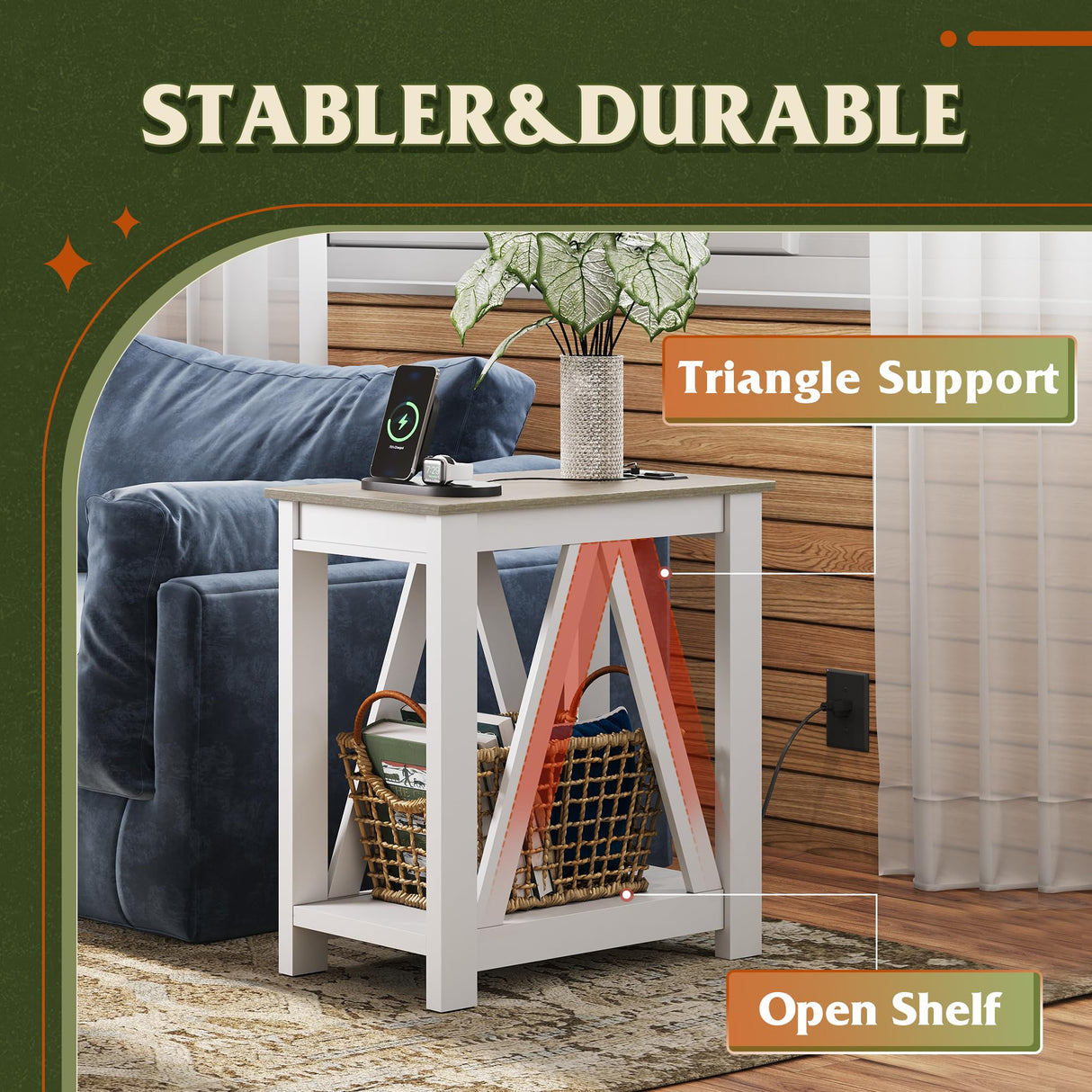 WLIVE Farmhouse End Table, Narrow Side Table with Charging Station, Slim End Table, Side Table for Bedroom, Living Room, Small Spaces, with 2 USB and 2 Power Outlets, 11.8" D x 23.6" W x 23.74" H WLIVE