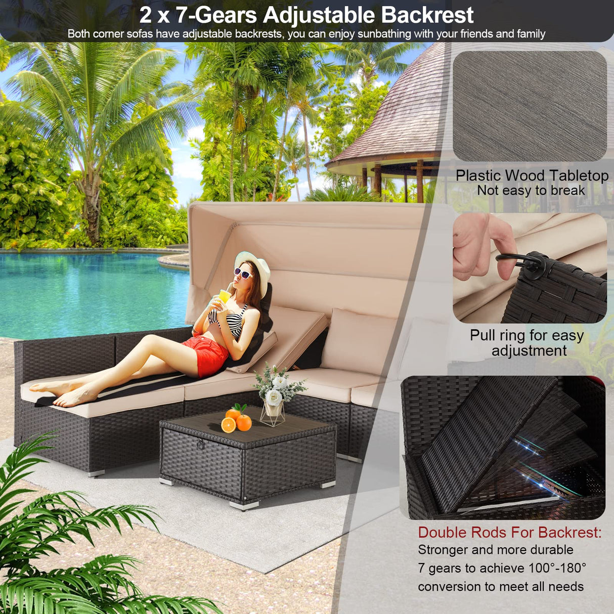 Vicluke 6 Pieces Patio Furniture Sets Outdoor Sectional Sofa Set Rattan Daybed with Retractable Canopy, Adjustable Backrest, Storable Tea Table Rectangle Sunbed for Backyard Garden Poolside(Khaki) Vicluke