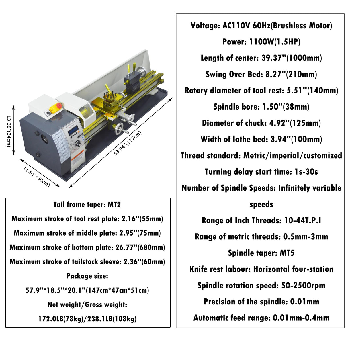 INTSUPERMAI Mini Metal Lathe 8"ร39" Benchtop Imperial/Metric Lathe Auto Switch Between Metric and Imperial with Centre Frame & Drill Chuck Electronic Leadscrew Gearless 1100W Variable Speed 110V INTSUPERMAI