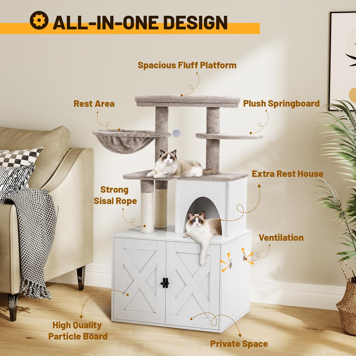 Snughome Cat Litter Box Enclosure with Cat Tree Tower and Condo, Hidden Cat Washroom Furniture with Sisal Scratching Post and Soft Plush Perch, Wooden Cat Furniture with Multiple Platforms, White Snughome
