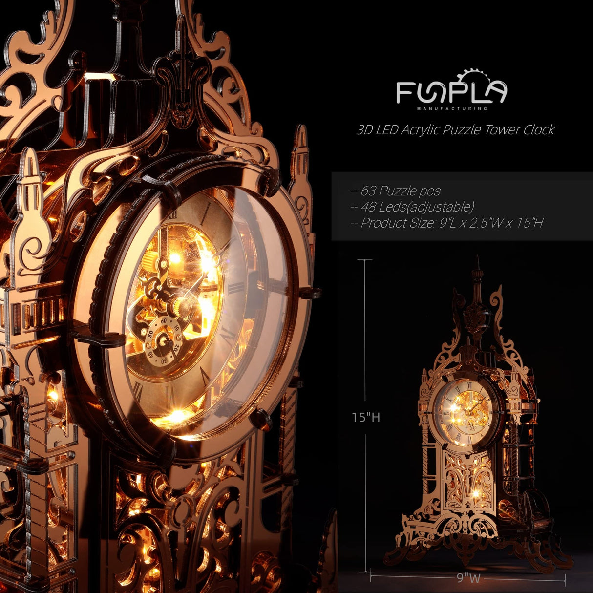 FUNPOLA LED 3D Puzzle Clock Building Model, 3D Acrylic Puzzle Tower Clock Building Model Desktop LED Ornament Clock Home Decor Elegant Gifts for Teens/Adults (LED-TC03 Arcylic) FUNPOLA