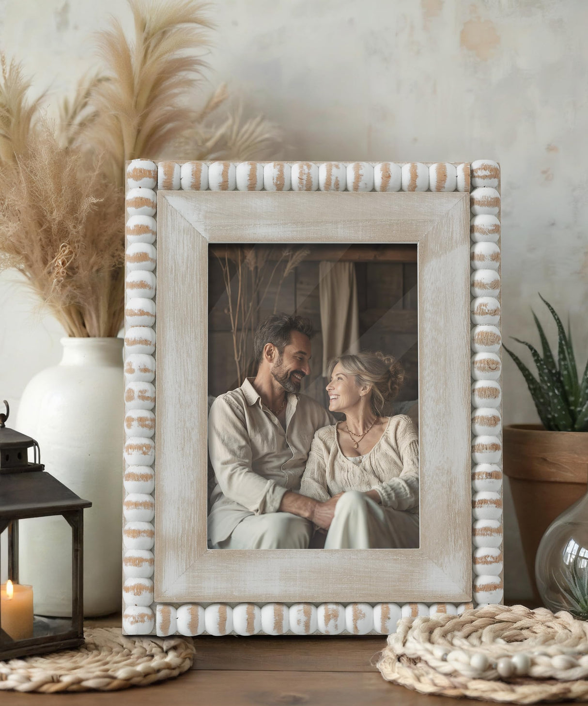 Afuly 5x7 Farmhouse Picture Frame Boho White Beads Photo Frame Wooden Distressed Wall Hanging Desk Standing Decor Artwork Personalized Birthday Gifts for Family, Couple, Friends Afuly