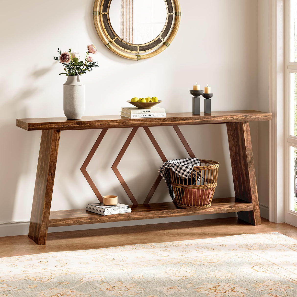 LITTLE TREE 70.9-Inch Console Table, Long Sofa Table Behind Couch, Farmhouse Wood Console Table with Storage Shelf for Entryway, Living Room, Hallway LITTLE TREE