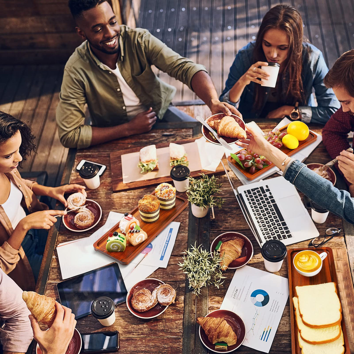 Skylety 15 Pack Solid Wood Serving Tray Large Acacia Party Server Platter Rectangular Charcuterie Board with Grooved Handle for Home kitchen Cheese Skylety