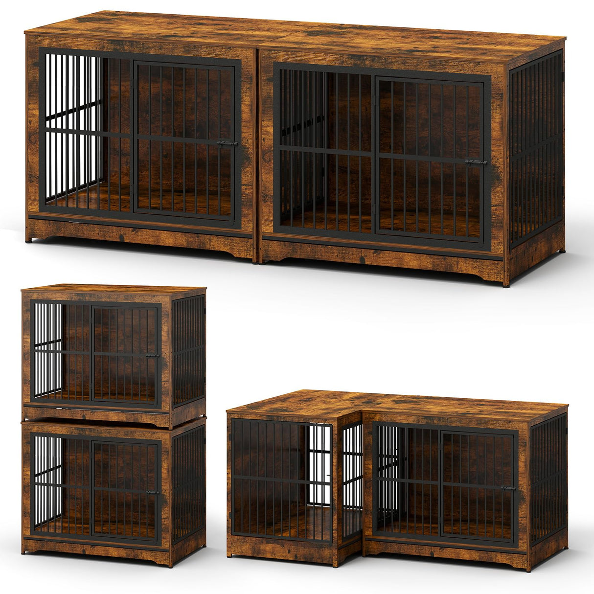 Yafylly 86 Inch Double Dog Crate Furniture with Divider, 4 Combination Forms Large Dog Kennel Furniture for 2 Dogs, Rustic Brown Corner Dog Kennel for Small Medium Large Dogs Yafylly