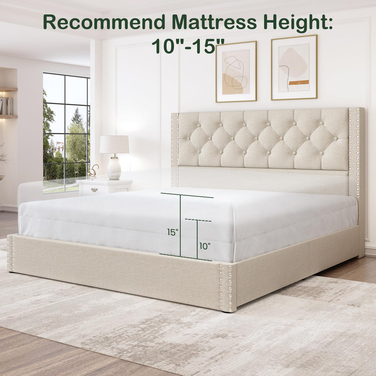 LARMACE Queen Size Bed Frame with 4 Storage Drawers and Tufted Headboard Linen Upholstered Platform Bed Frame with Heavy Duty Wood Slats, No Box Spring Needed, Easy Assembly, Beige LARMACE