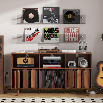 Oubayajia Large Record Player Stand With Power Outlet - Vinyl Storage Holder and Turntable Table (Walnut, 55.11''W*15.74''D*29.52''H)