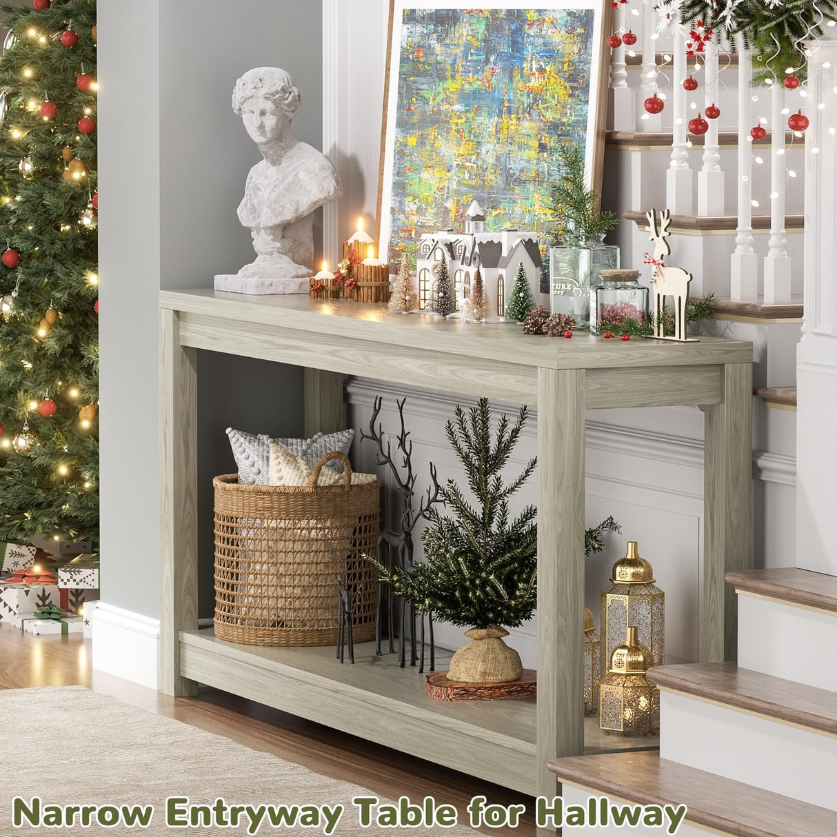 Besiost 47" Farmhouse Wood Entryway Table Narrow Console Table with Storage Behind Couch Sofa Table with Shelves Entry Way Table with Open Storage, Easy Assembly, Classical Washed Oak Besiost