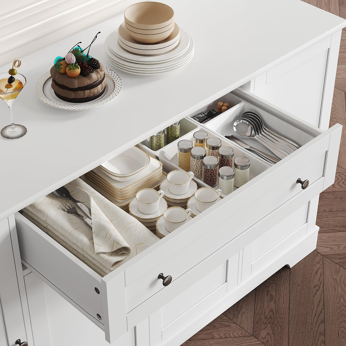 HITHOS 54" Buffet Cabinet with Storage, Modern Kitchen Buffet Sideboard with Drawer, Wood Coffee Bar Cabinet with Adjustable Shelves, Kitchen Storage Cabinet for Dining Room, Living Room, White HITHOS