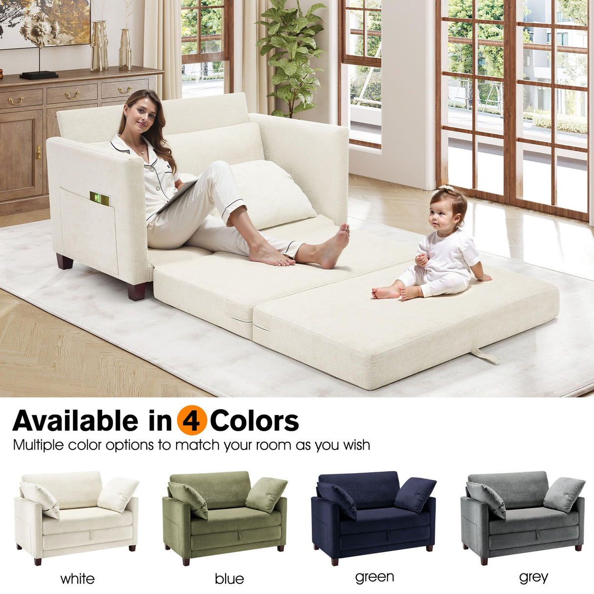 kakuboohi 51" Loveseat Sleeper Sofa Bed, Chenille Convertible Floor Sofa Bed for Small Spaces, Folding Couch Bed with Deep Seat, 2 Pillows & Solid Frame, Pull Out Floor Couch for Living Room, Beige kakuboohi