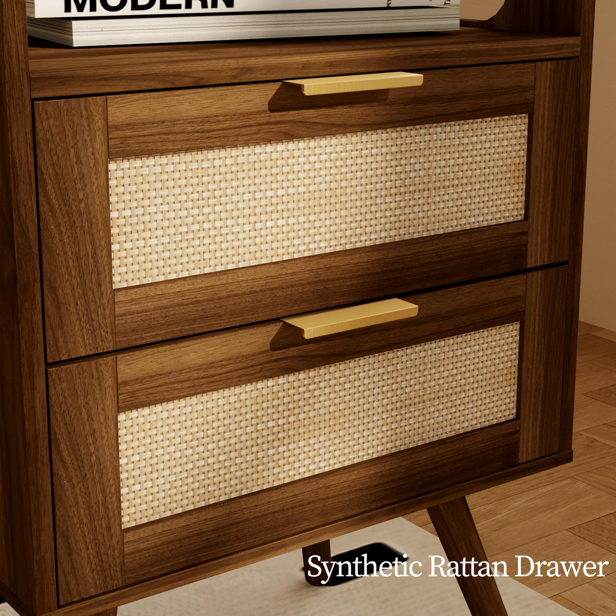 JOONEE Rattan Nightstand with Charging Station,Farmhouse Bedside Table with 2 Storage Drawer and Open Wood Shelf, for Bedroom and Small Spaces,Night Stand with Solid Wood Legs (Walnut Brown-Outlet) JOONEE