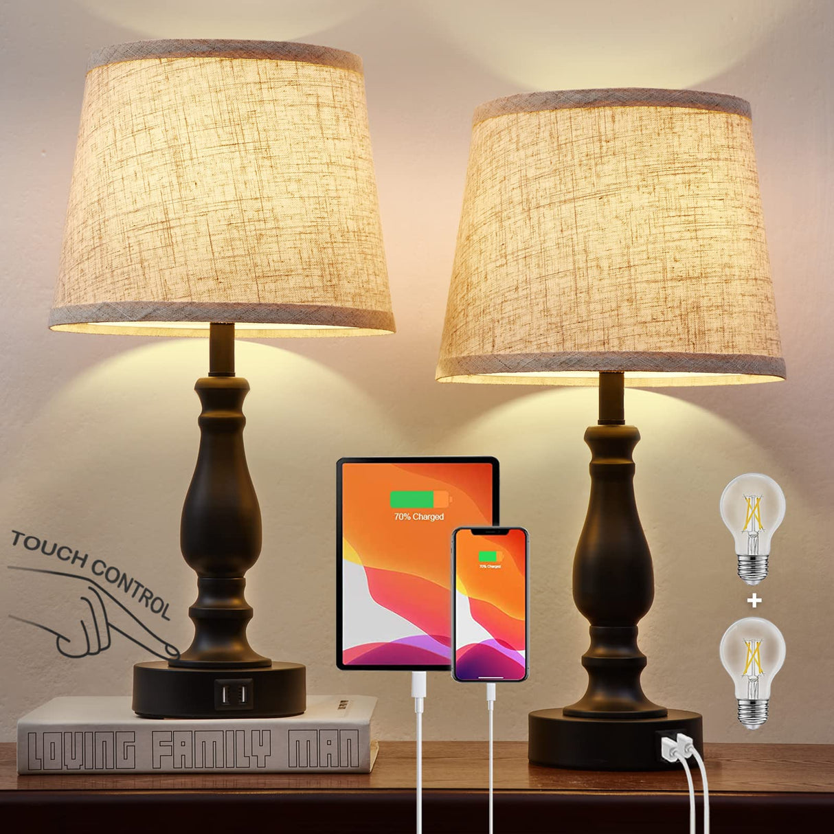 EJIAXIN Table Lamps Set of 2, Bedside Nightstand Lamps with USB Charging Ports, 3 Way Dimmable Touch with Linen Fabric Lampshade, Modern Small Lamp for Bedrooms, Living Room (Bulbs Included) EJIAXIN