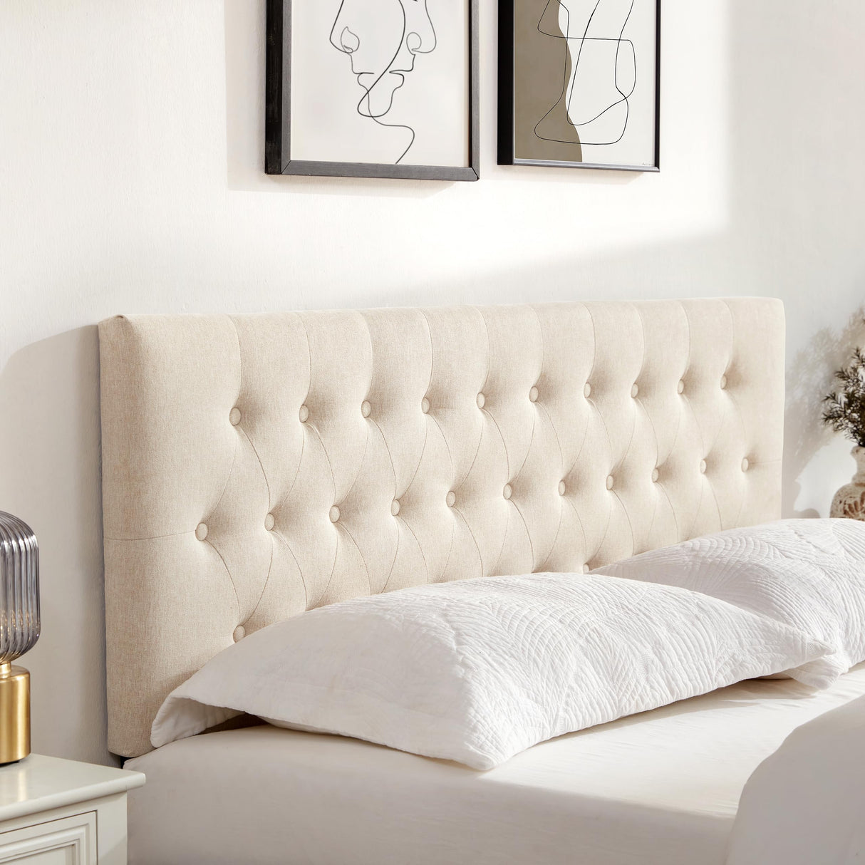 Huatean Home Tufted Upholstered Headboard Queen Size, Solid Wood Head Board with Durable Metal Legs, Adjustable Height Bed headboard from 37” to 51” Fabric Headboard in Modern Button Design, Beige Huatean Home