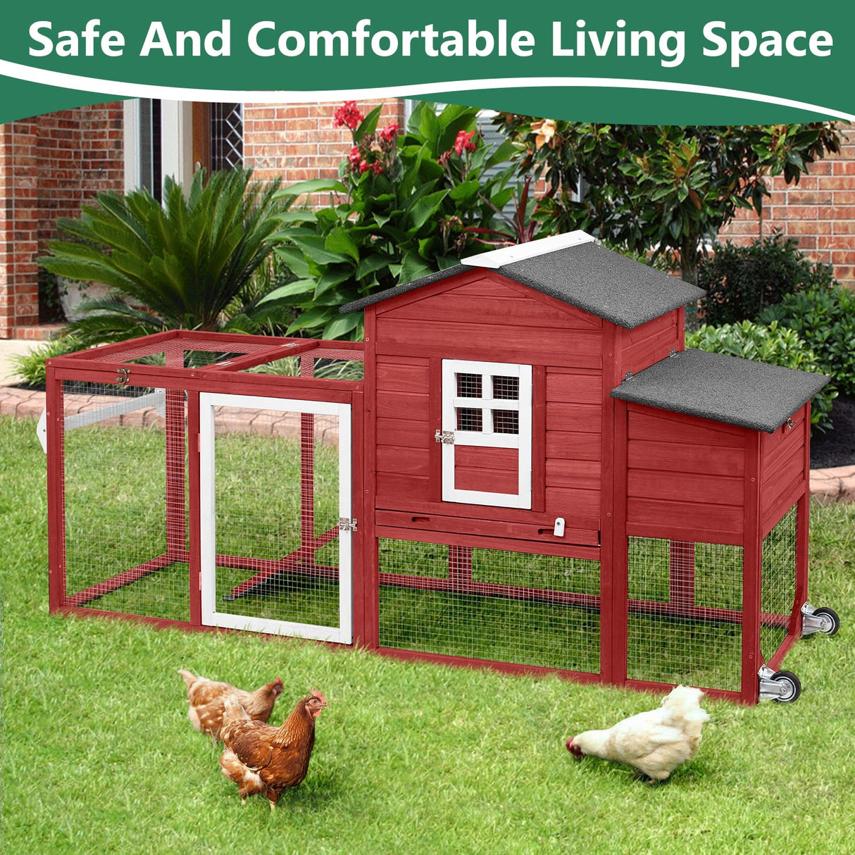 Magazoopet 158" L Large Chicken Coop with Run, Chicken House with Nesting Boxes, Wheels, Outdoor Mobile Hen Chicken Coop Poultry Cage with Removable Tray, Ramp (Red) Magazoopet