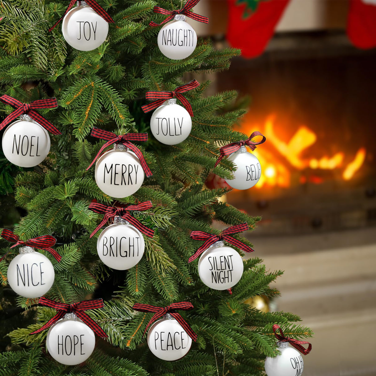 Christmas Ornaments - Set of 12 Shatterproof White Bulbs Adorned with Buffalo Plaid Bows - Rustic Farmhouse Christmas Tree Decorations for Xmas Tree Decor ORIENTAL CHERRY