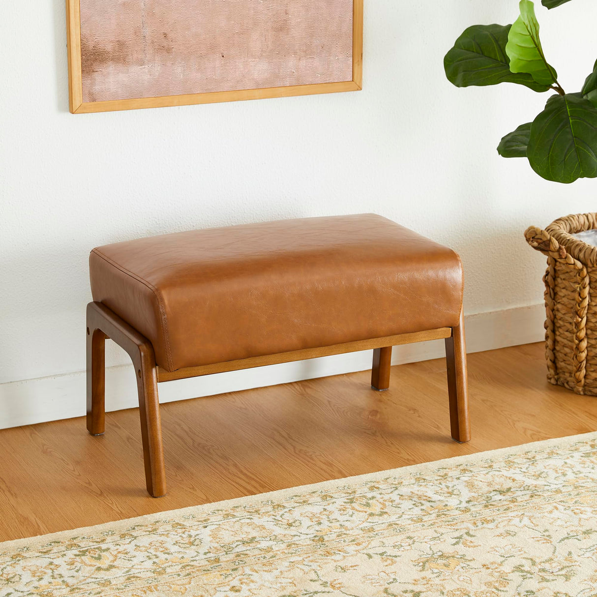 Glitzhome 15.5"(H) Footrest Stool, Leatherette Ottoman, Accent Padded Sofa Foot Stool for Accent Chair, Wood Frame Foot Rest Ottoman for Living Room, Bedroom, Yellowish-Brown Glitzhome