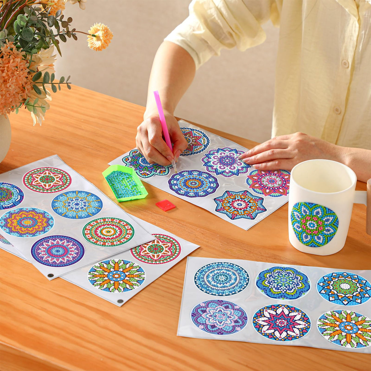 Saillong 36 Pcs Mandala Diamond Painting Sticker 5d DIY Diamond Sticker Mandala Painting Creative Decals Resin Rhinestone Gem Art Kits for Refrigerator Boho Home Crafts Adults Gift Decor Saillong