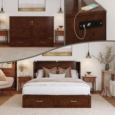 AFI, Marion Queen Wood Murphy Bed Chest with 6" Mattress, Storage Drawer, & Built-in Charger, Walnut