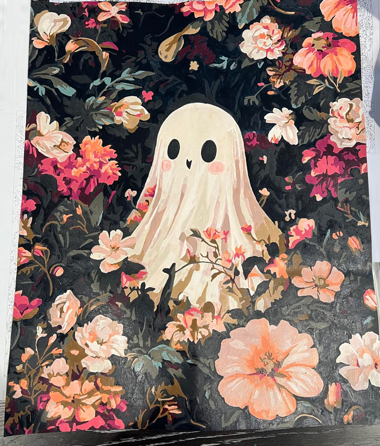 Ghost Paint by Number, Halloween Paint by Numbers Kit for Adults, Horror Acrylic Painting, Ghosts Surrounded by Flowers Pink Poster, Home Bedroom Office Wall Decor(16x20inch, No Frame) Artbrush Tower