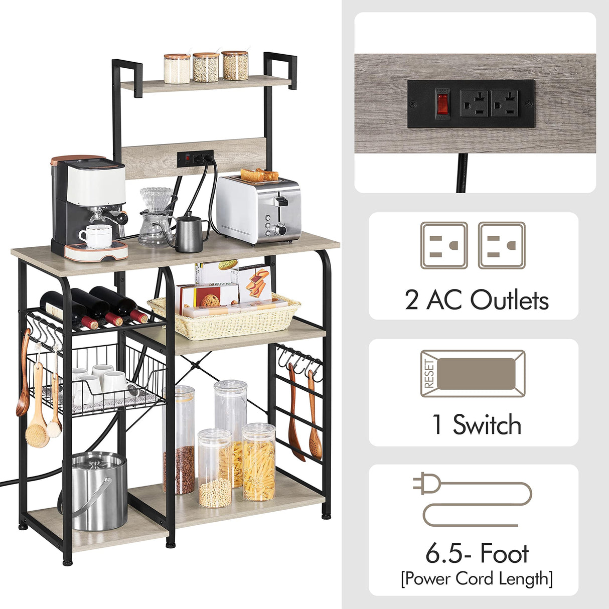 Yaheetech Bakers Rack with Power Outlet, 4-Tier Microwave Stand Cart Coffee Bar with Wire Basket and Wine Storage, Freestanding Kitchen Shelf Extra Counter Space, Gray Yaheetech