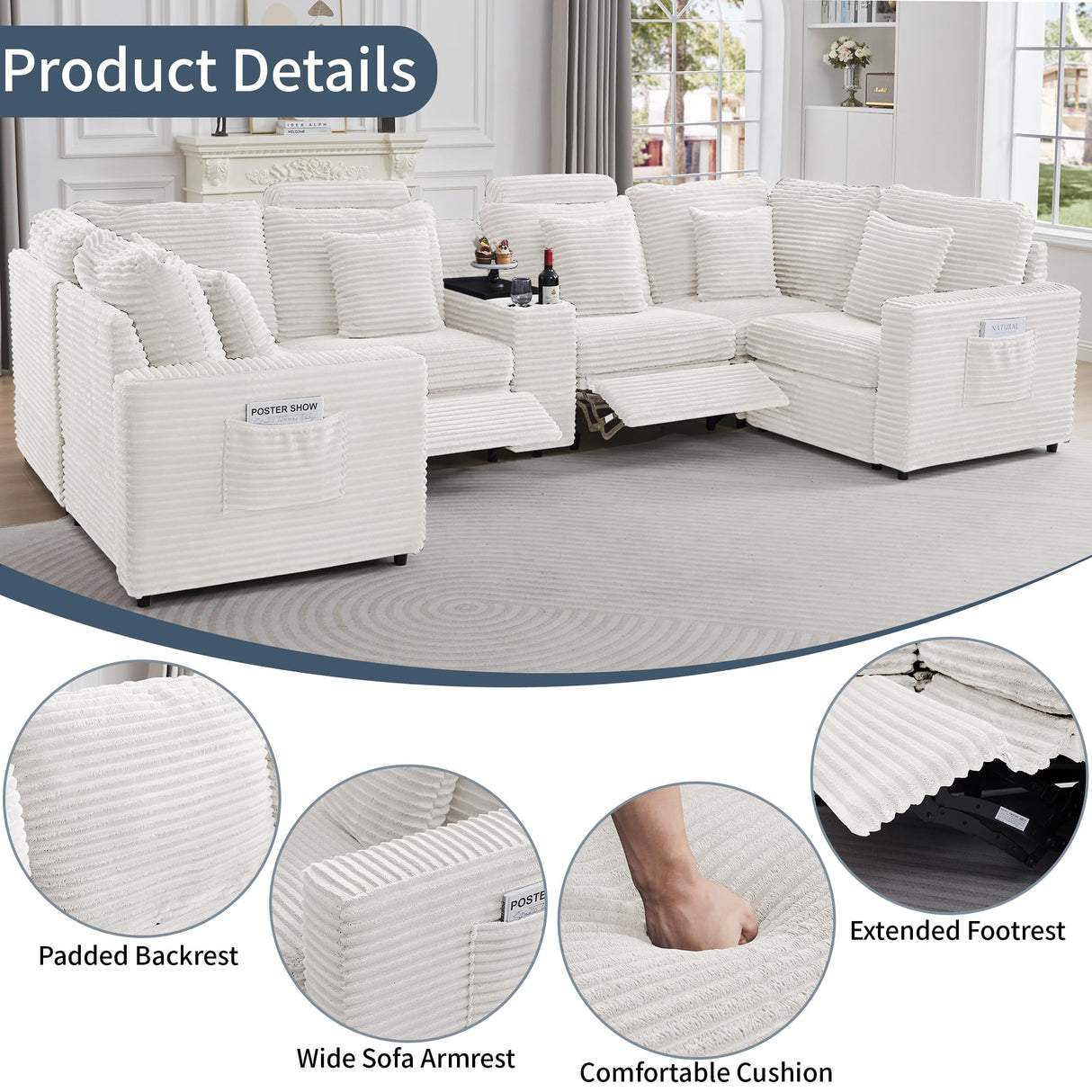 LEVNARY 6-Seat U Shaped Modular Sectional Sofa with Power Recliners, Faux Rabbit Fur Upholstery, Storage Console with Charging Ports & Cup Holders, Living Room Couch Set for Home Office (White) LEVNARY