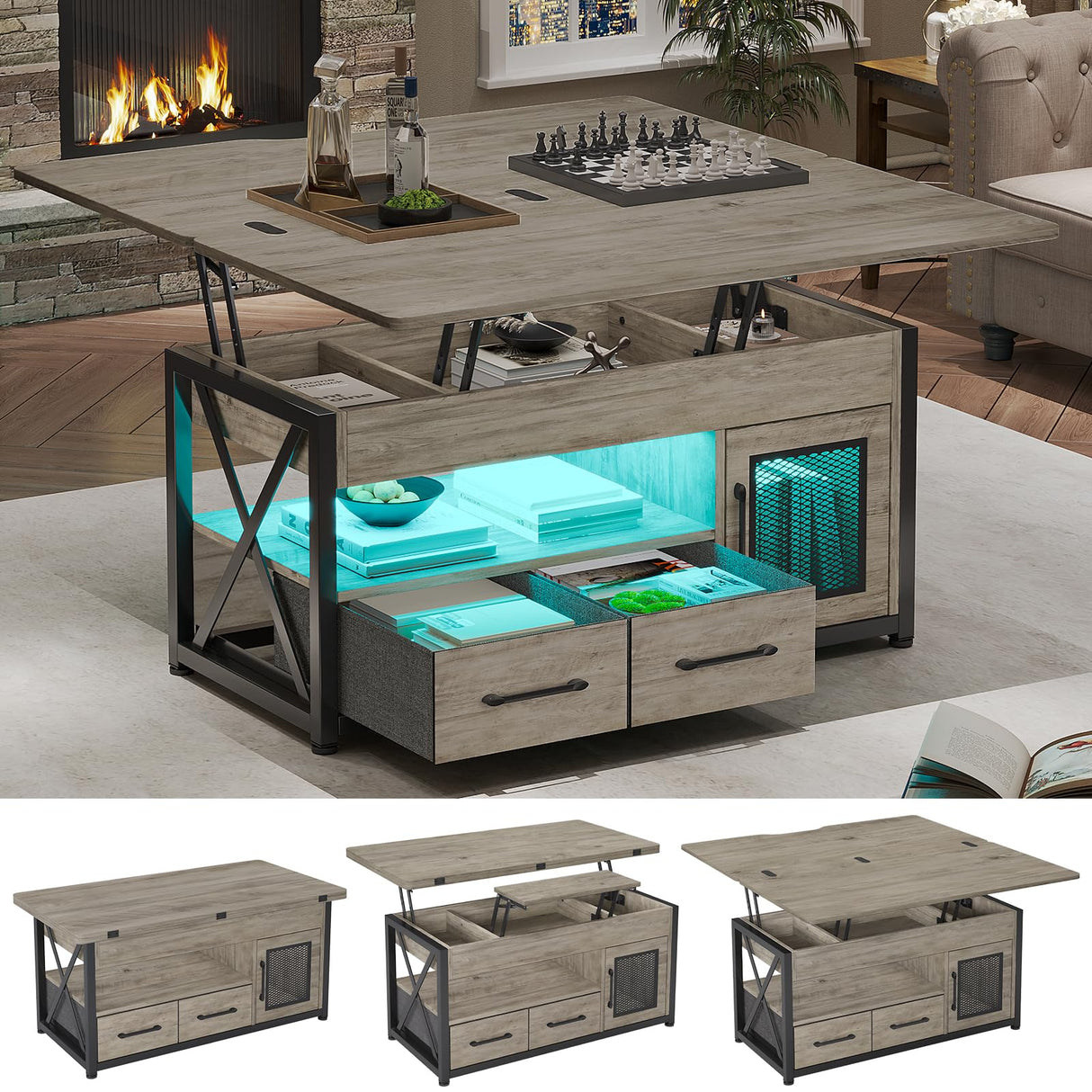 Itaar 40" Lift Top Coffee Table, 4 in 1 Coffee Tables with Storage Cabinet for Living Room, Small Farmhouse Coffee Table with 2 Fabric Drawers & LED Light for Dining Room, Grey Itaar