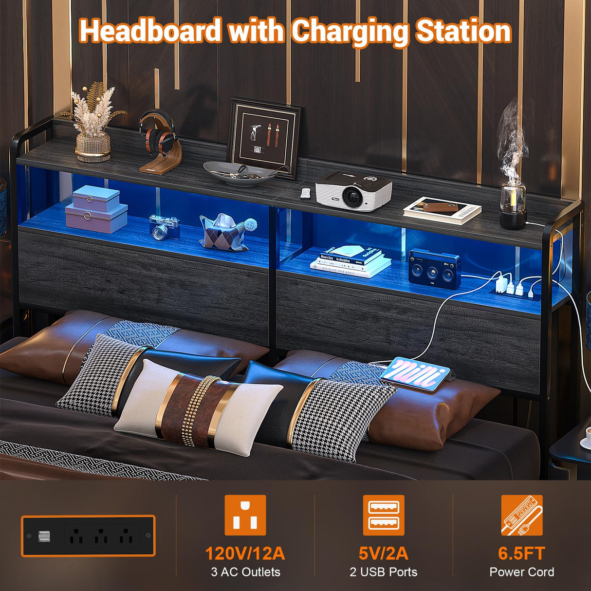 Aheaplus Queen Size Headboard with USB Ports, Outlets, LED Lights & Storage – Adjustable Black Oak Design Aheaplus