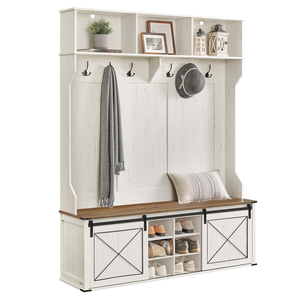 VASAGLE Hall Tree with Bench and Shoe Storage, Coat Rack with Shoe Bench, Entryway Furniture, 6 Tri-Hooks, Sliding Door, Farmhouse Style, Space Saving, Rustic White and Honey Brown UHSR443W01 VASAGLE