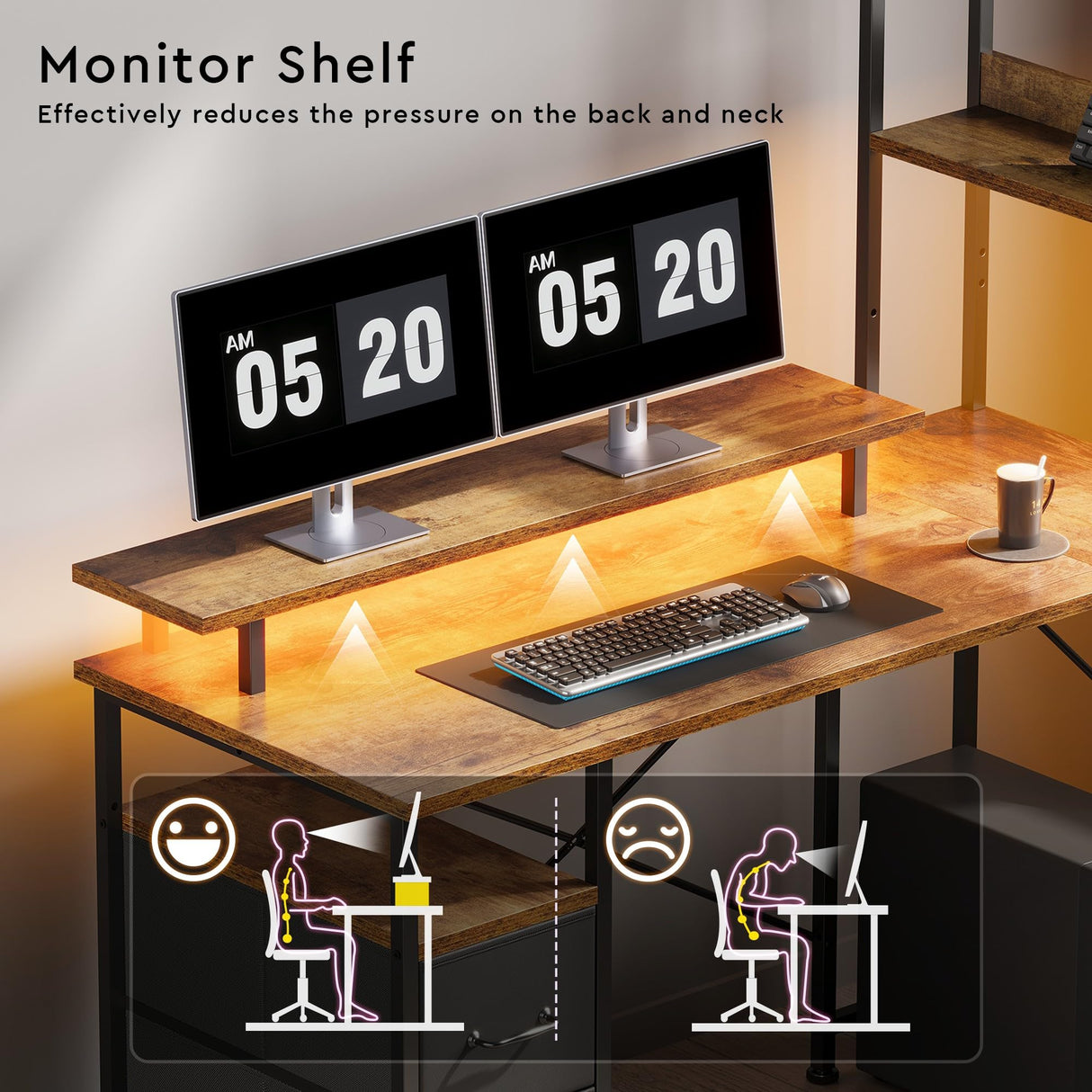 Maihail L Shaped Desk with Shelves,Reversible Computer Desk with LED Lights and Charging Station,Home Office Corner Desk with Monitor Stand,Brown Maihail