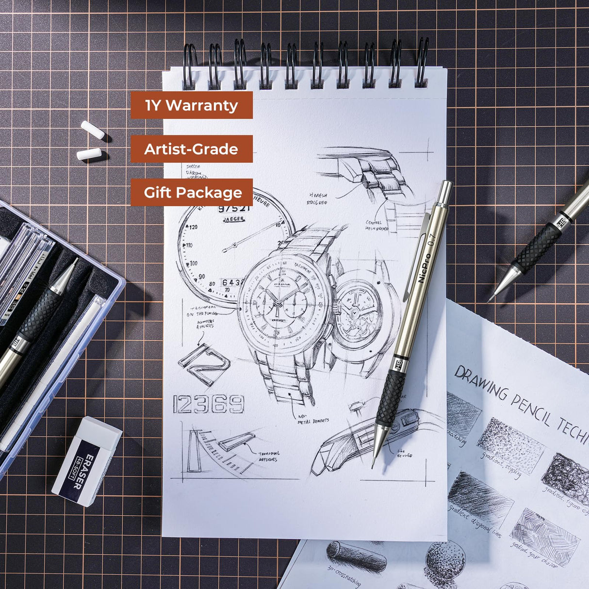 Nicpro 0.7 mm Art Mechanical Pencil Set in Storage Case, 3 PCS Metal Drafting Pencil Lead Pencil with 6 Tube HB Lead Refills, 3 Erasers, 9 PCS Eraser Refills for Artist Writing, Drawing, Sketching Nicpro