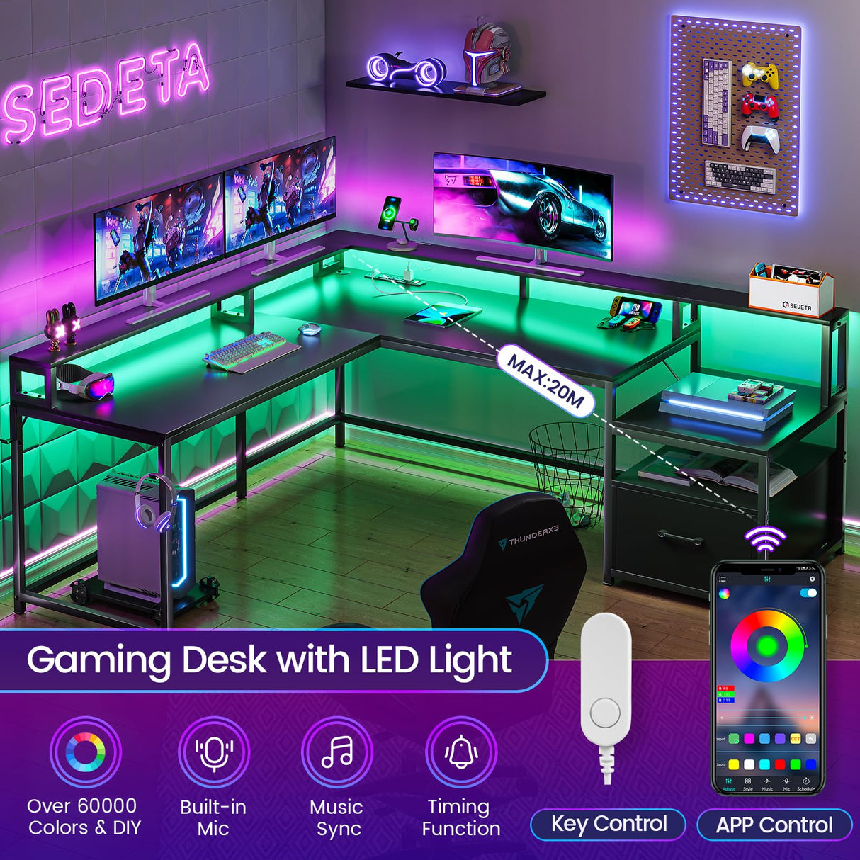 SEDETA L Shaped Gaming Desk, 66" Home Office Desk with File Drawer & Power Outlet, Corner Gaming Computer Desk with Led Lights, Monitor Shelf and Printer Storage Shelves, Two Person Desk, Black SEDETA