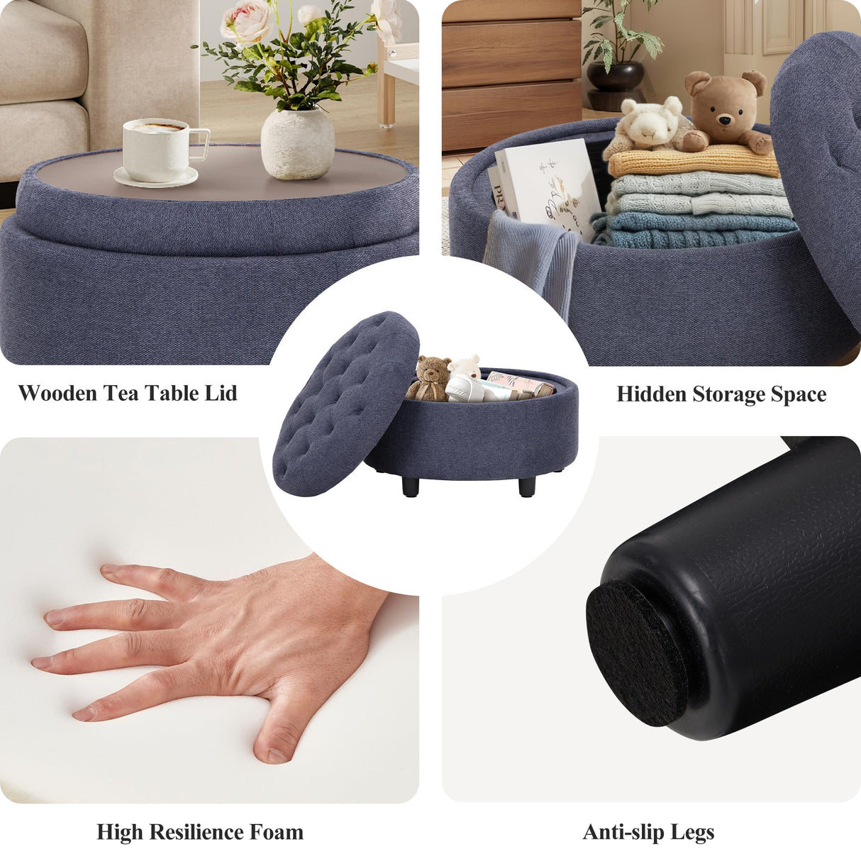 COLAMY Fabric Round Storage Ottoman with Reversible Tray Lid – Multi-Functional Footrest, Hidden Storage, Sturdy & Stylish Small Coffee Table for Living Room, Bedroom, or Entryway(Blue) COLAMY
