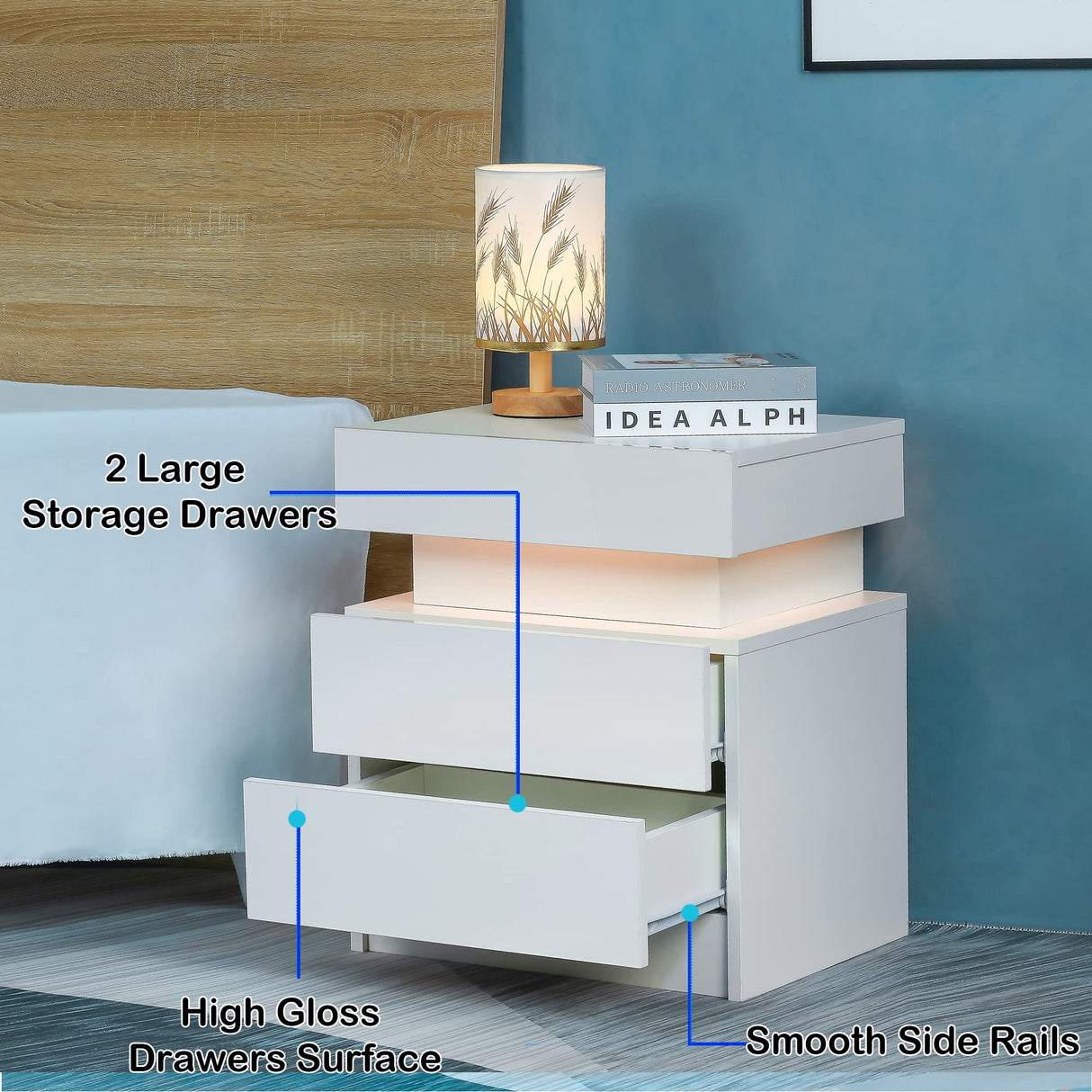 Yoluckea LED Nightstand for Bedroom, Modern High Gloss Wood 2 Drawers White Nightstand Bedside Table End Table with Flip Top Hidden Storage Compartment for Bedroom Living Room Yoluckea