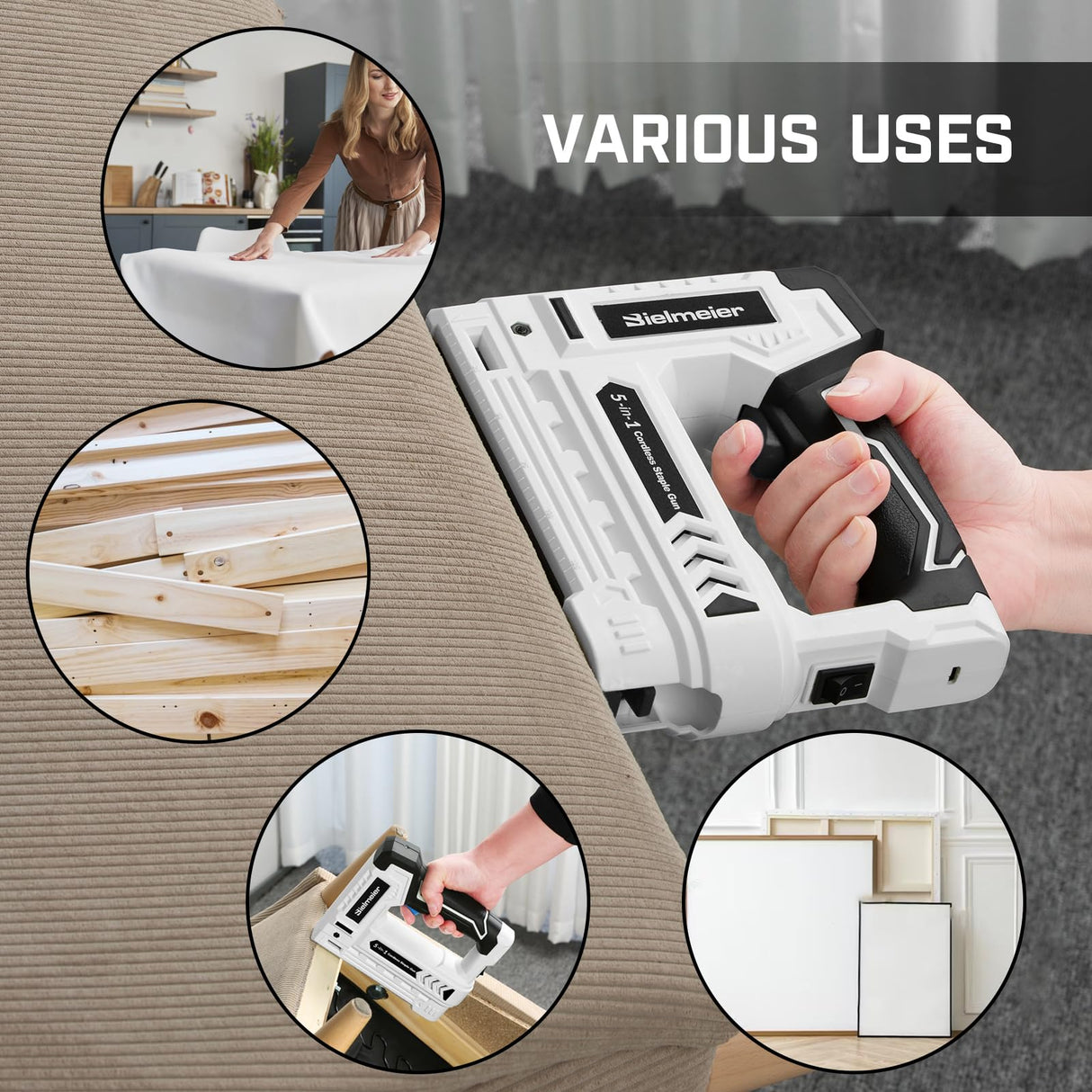 Bielmeier Electric Staple Gun 5 in 1 Band Nailer, 4V Rechargeable Cordless Stapler, Nail Gun Battery Powered with 2,000 Staples and Nails, Power Tacker Pin Nailer for Home Use, Wood, Upholstery, DIY BIELMEIER