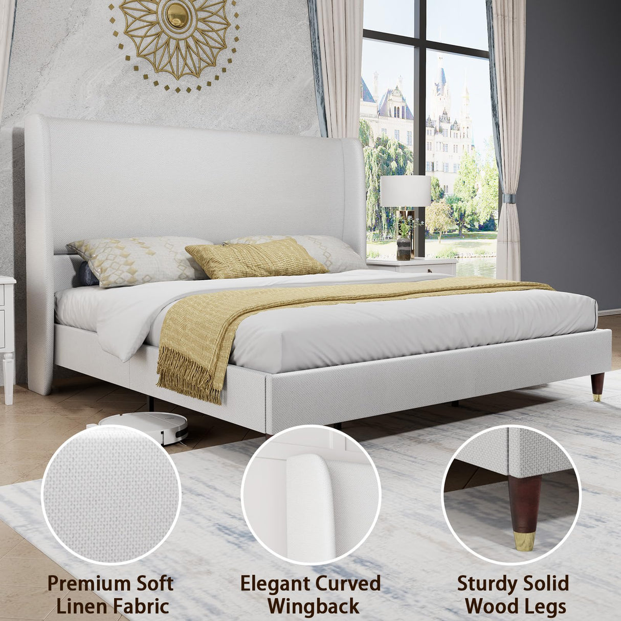 PaPaJet King Platform Bed Frame 51.2" High Headboard Tall Upholstered Bed/No Box Spring Required/Wood Slat Support/Easy Assembly White PaPaJet