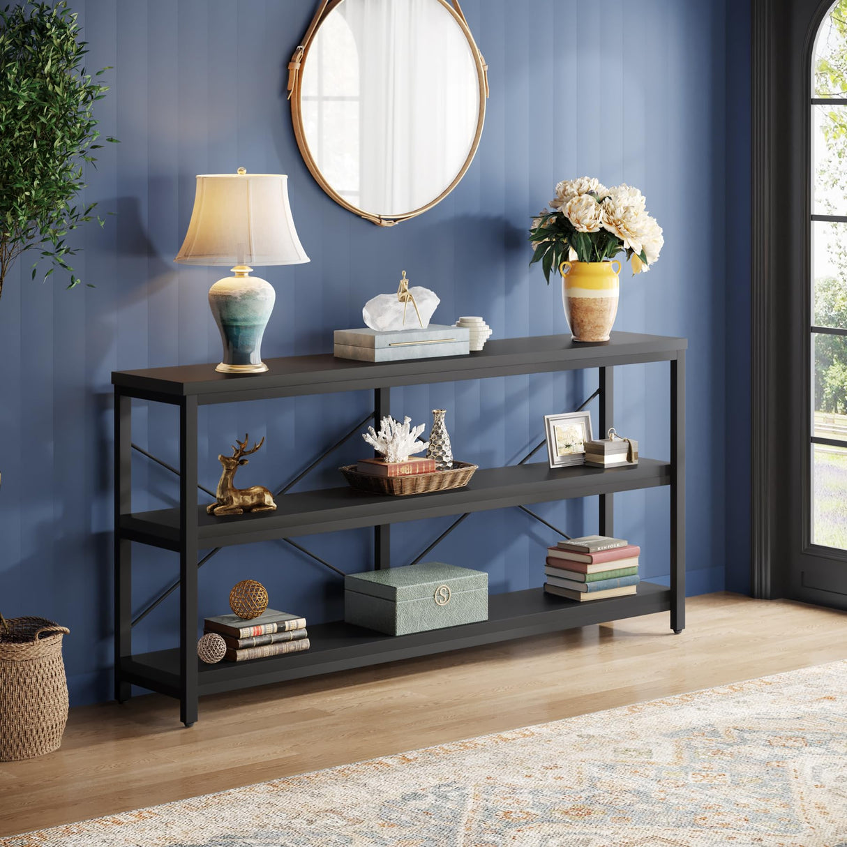 Tribesigns 55-Inch Industrial Sofa Table, 3-Tier Console Table with Metal Frame and Open Shelves, Modern Decorative Shelf, Open TV Shelf for Living Room, Entryway, Hallyway (Black) Tribesigns