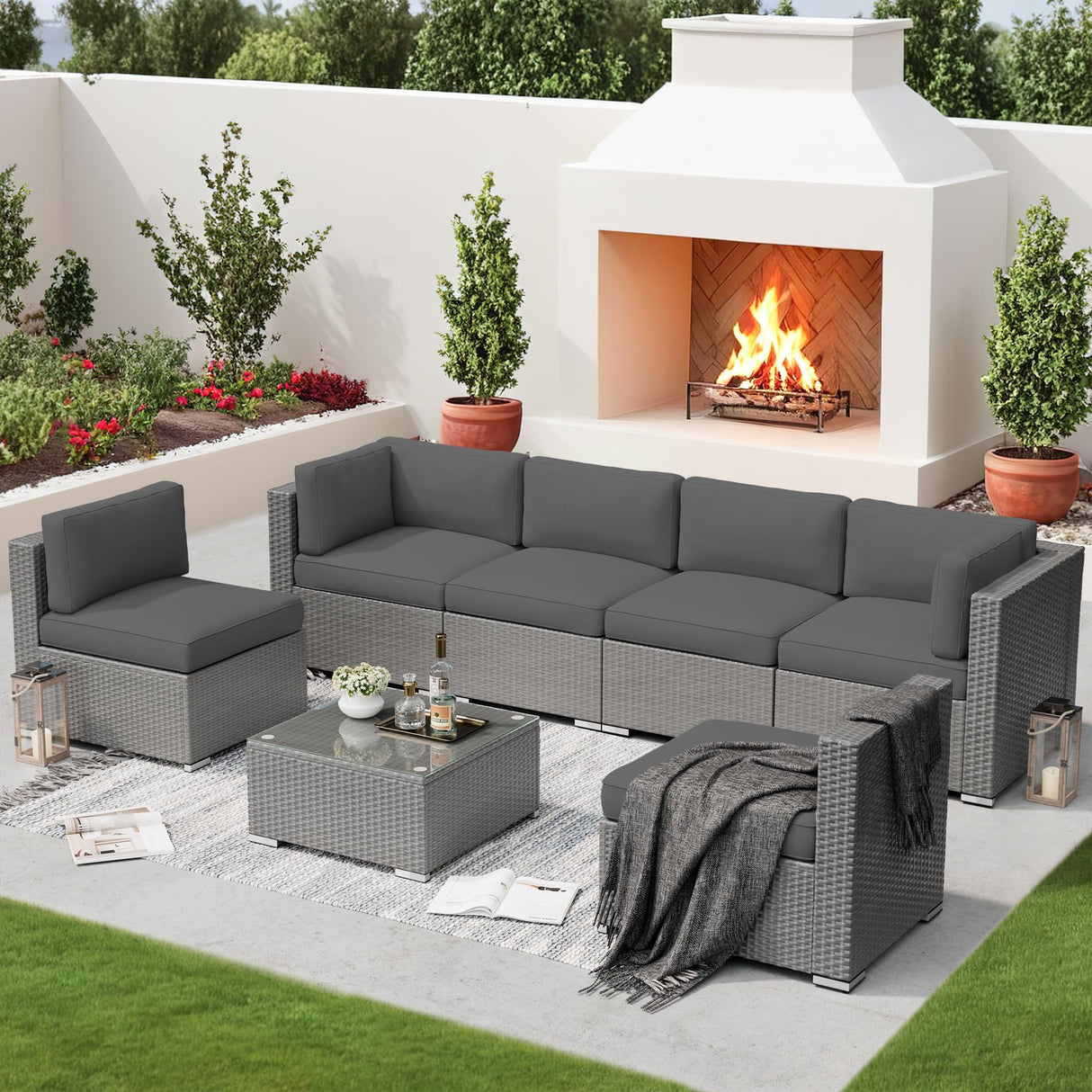SUNCROWN Outdoor Patio Furniture Set 7 Piece Outdoor Sectional Sofa Grey Wicker Conversation Sofa Set with Coffee Table and Cushions,Dark Grey SUNCROWN