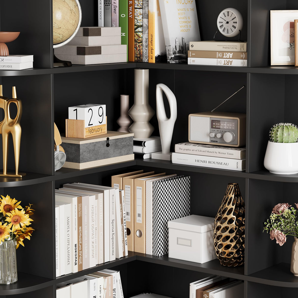 FOTOSOK 74” Tall Corner Bookshelf, 6-Tier Bookshelf and Bookcase with Open Storage, L Shaped Tall Bookcases Wooden Storage Shelves for Home Office, Thickened Boards for Better Load Bearing, Black FOTOSOK