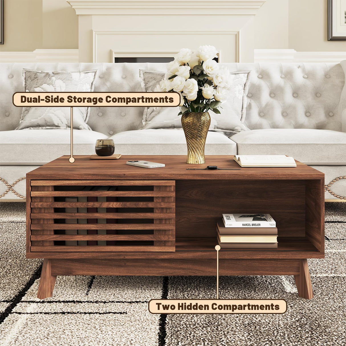 HAIOOU Coffee Table, Mid Century Modern Coffee Table with Storage, Lift Top Coffee Table for Living Room with Sliding Fence Door, 35.4'' Rectangular Fluted Coffee Table (Walnut Brown) HAIOOU