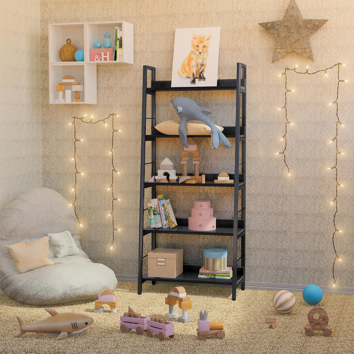 Himimi Black Ladder Bookshelf, 5 Shelf Bookcase Industrial Bookshelf Wood and Metal Bookshelves, Plant Flower Stand Rack Book Storage Shelves for Living Room, Bedroom, Home Office Himimi