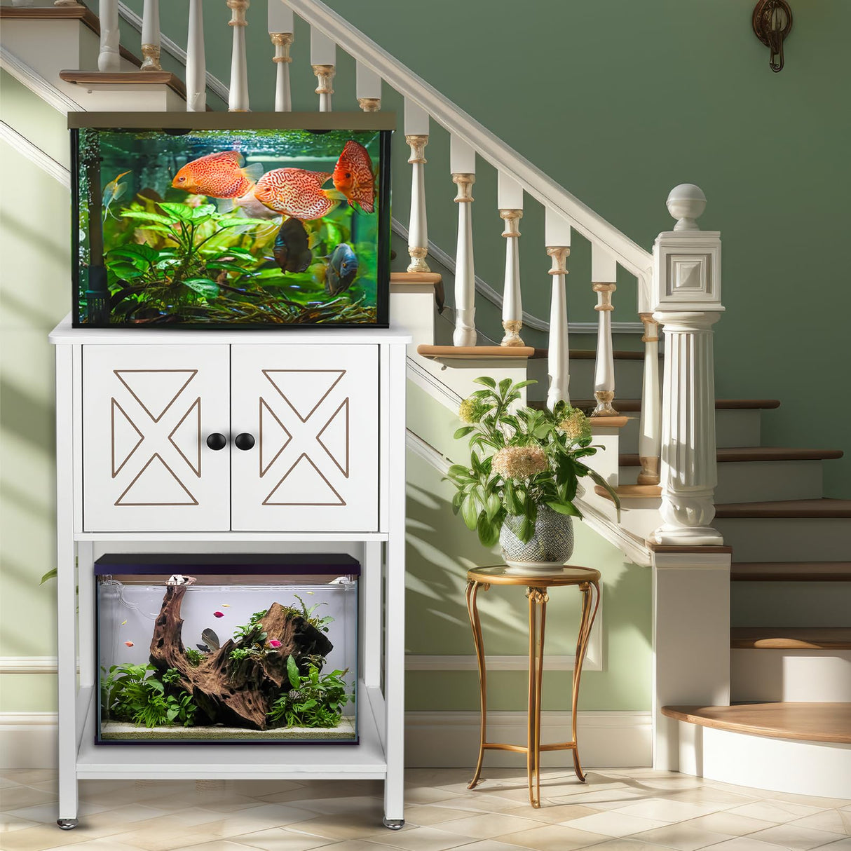 BEURUKU 5-10 Gallon Fish Tank Stand, Heavy Duty Aquarium Stand with Cabinet & Power Outlets for Fish Tank Accessories Storage, Double Reptile Terrarium Stand 20.5" L* 11" W Tabletop, White BEURUKU
