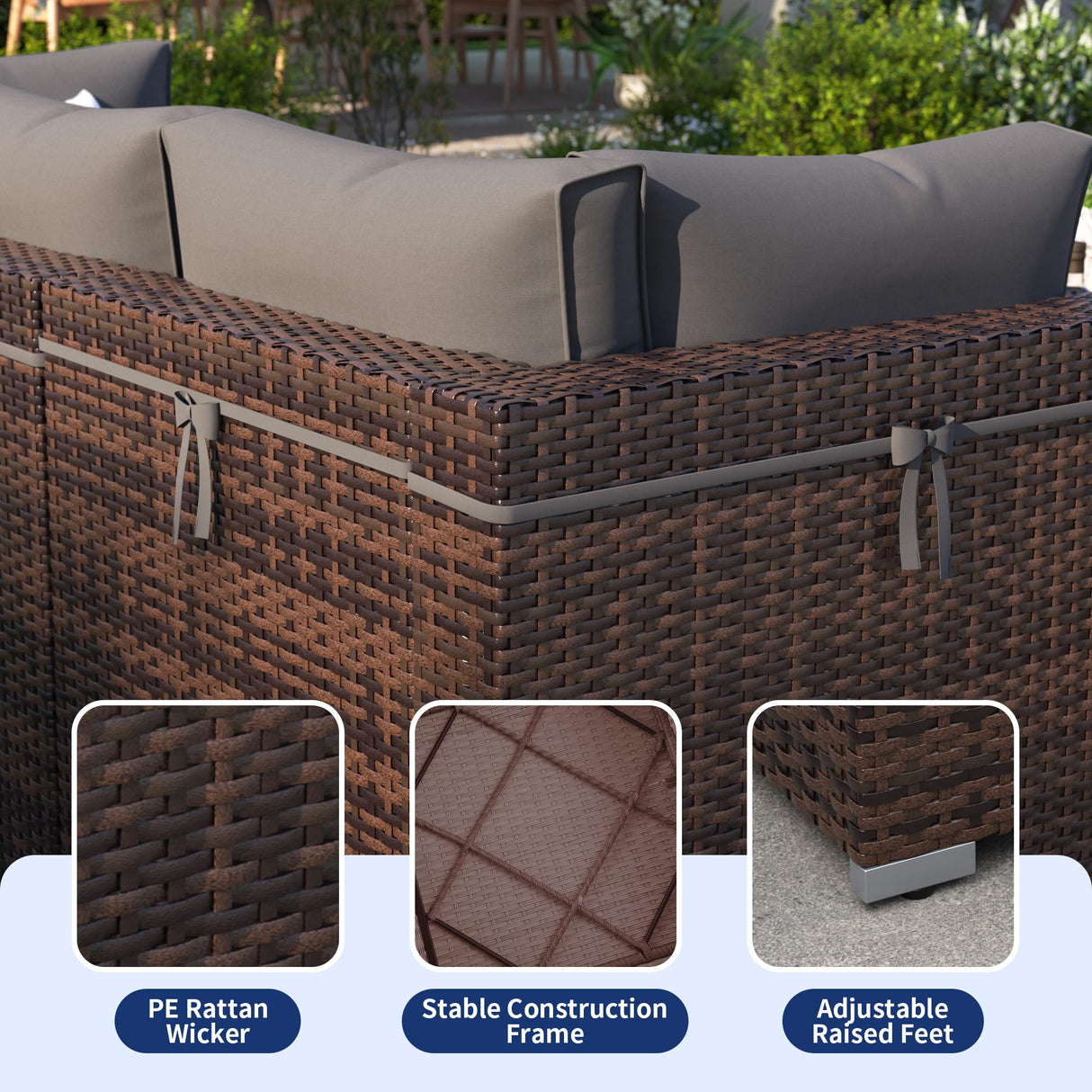VONZOY Patio Furniture Set, 7-Piece Outdoor Sectional with Waterproof Cover, All-Weather Wicker Patio Conversation Sets for Backyard (Brown with Grey Cushion) VONZOY