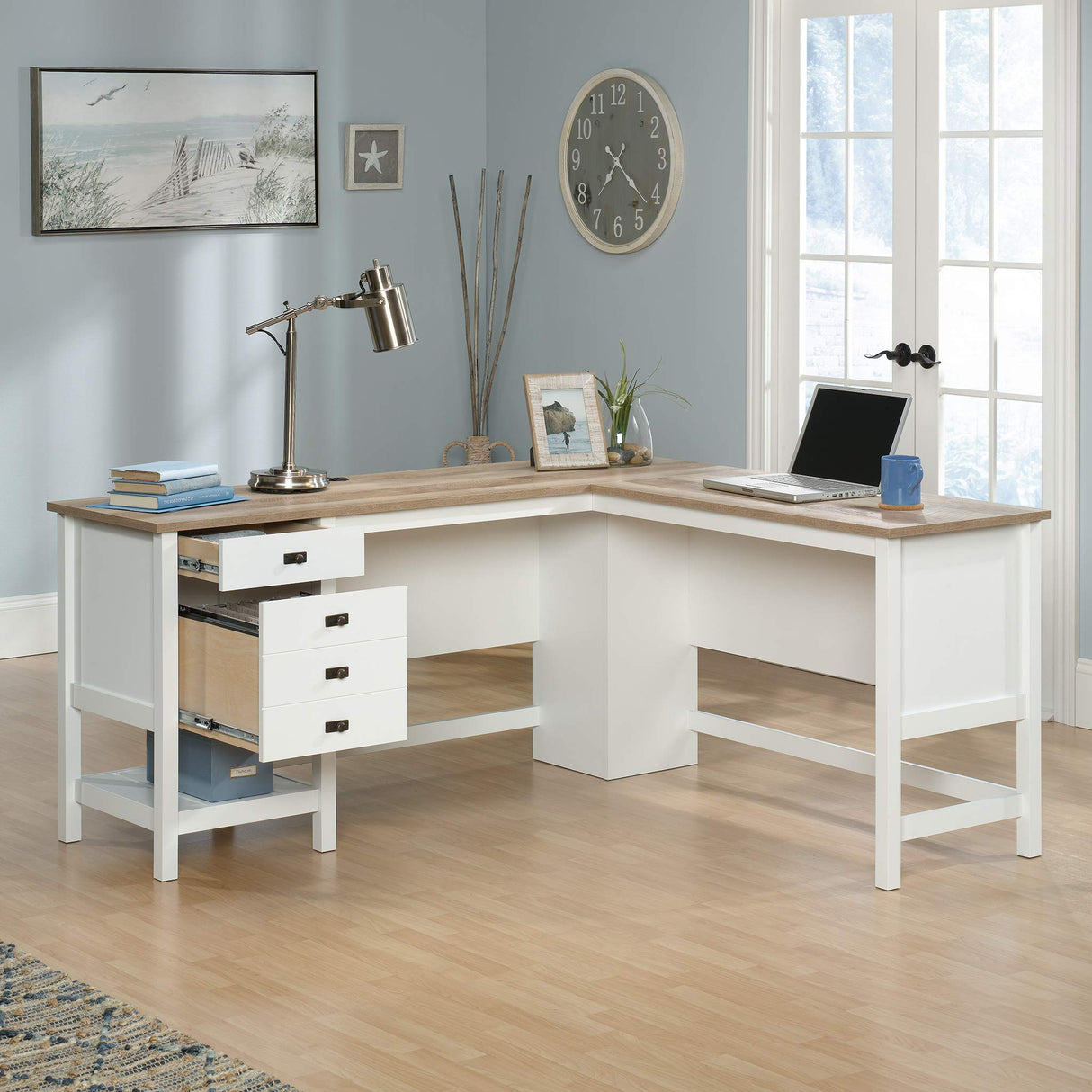 Sauder Cottage Road L-Desk, L: 65.12" x W: 58.66" x H: 29.76", Soft White Finish Sauder