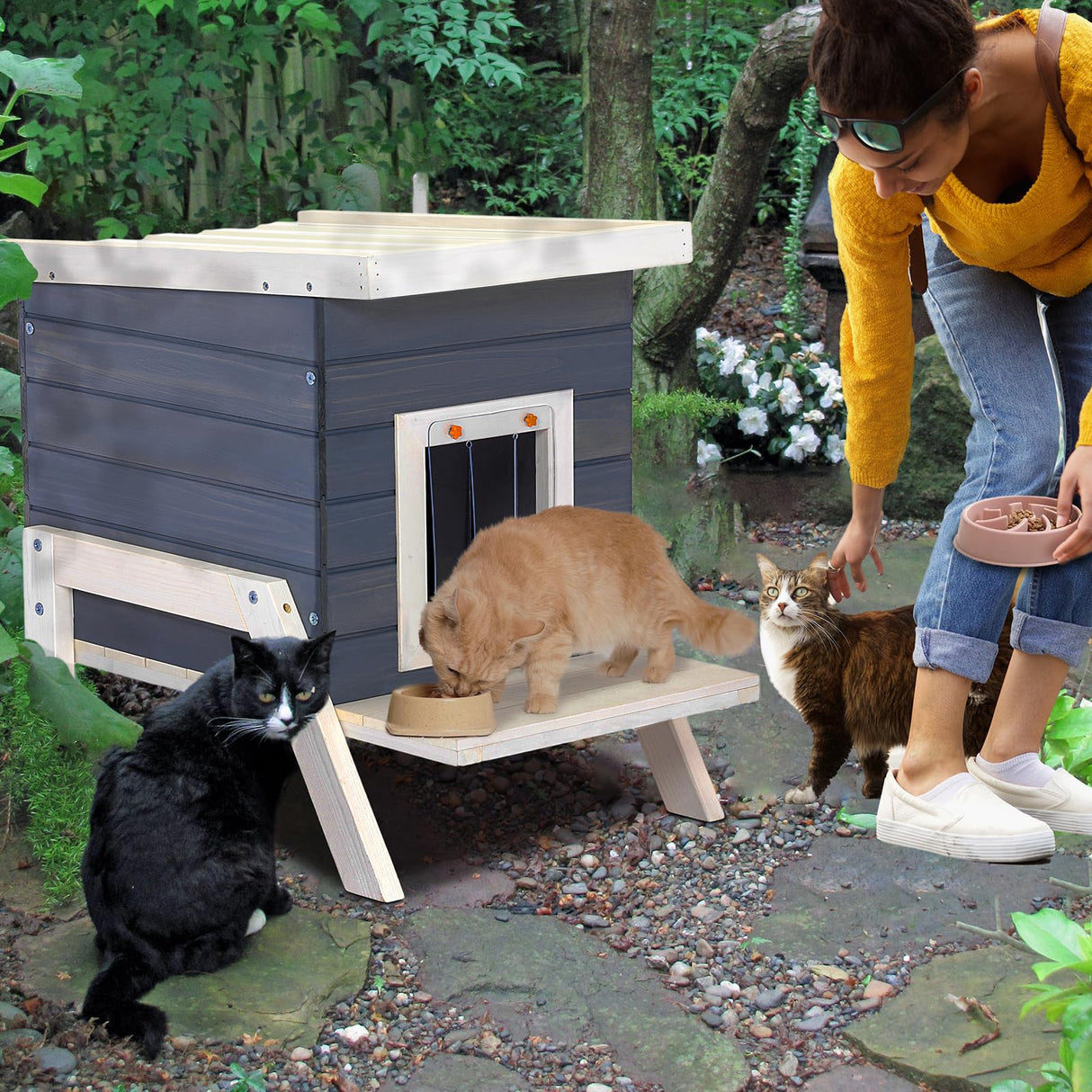 Petsfit Cat House Outdoor, Insulated High Feet + Feeding Station +Door Curtain, Wood Outside Cat House, Bunny Rabbit Hutch Blue Petsfit
