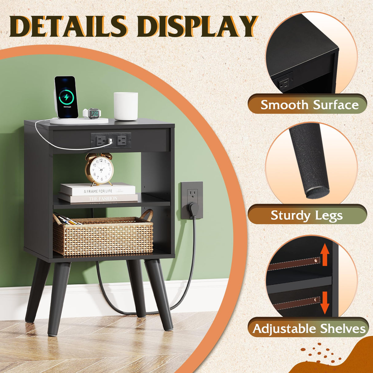 WLIVE Black Nightstand, Night Stand with Charger Station, Bedside Table, Side Table with Storage Shelf, End Table with USB Ports and Outlets for Bedroom, 15.12" D x 11.73" W x 23.74" H WLIVE