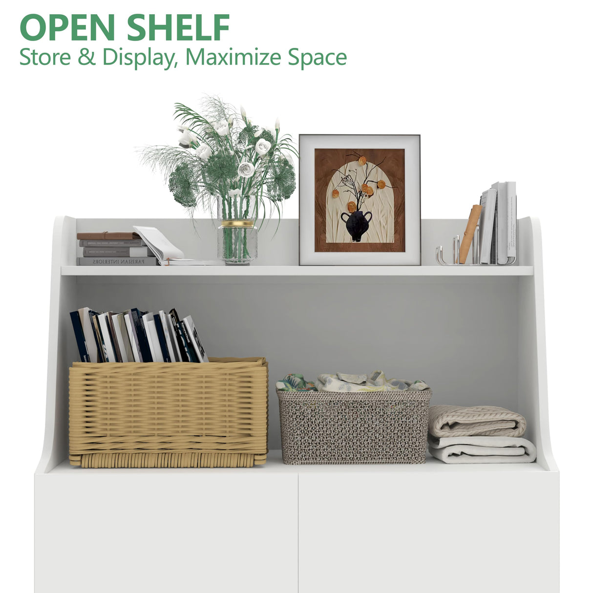 Amunrbrek Large/Tall Litter Box Enclosure, Modern Wooden Litter Box Furniture for XL Litterbox with Open Shelf as Sideboard Cabinet (White) amunrbrek