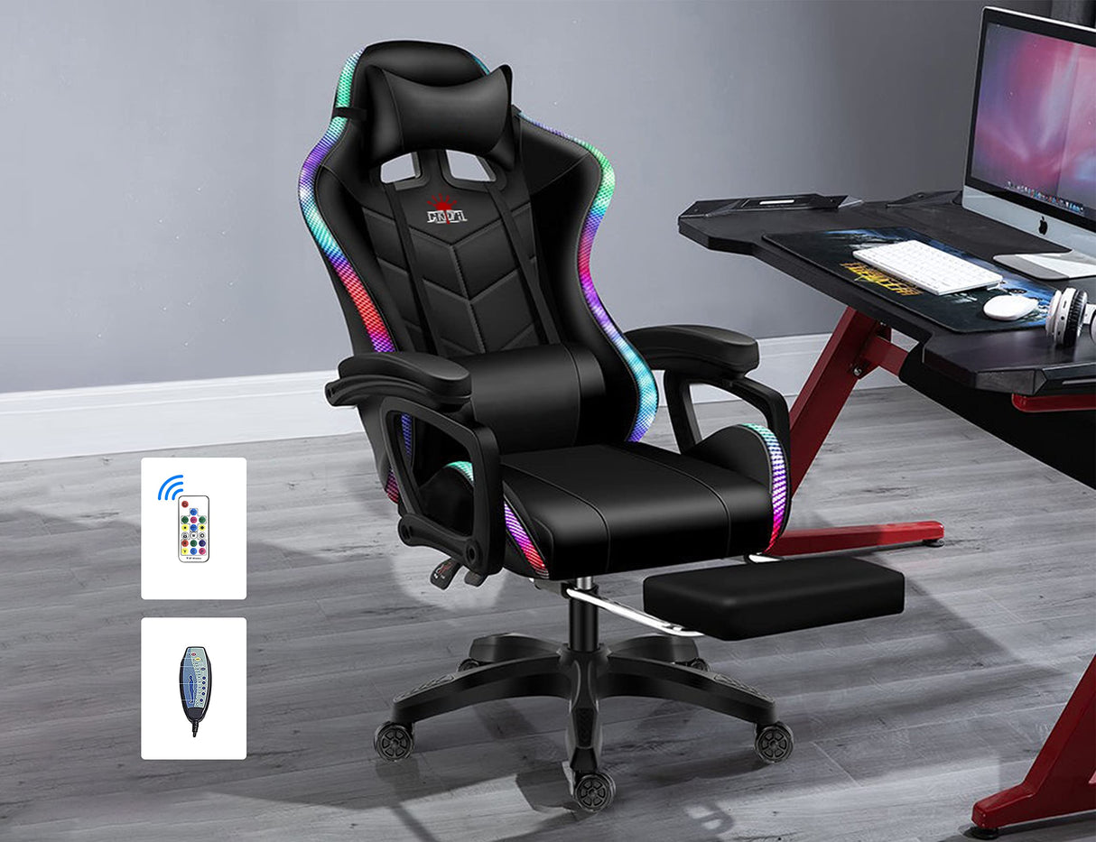 Ergonomic Pro Gaming Chair with LED Lights and Speakers, Video Game Chair with Massage and Footrest, High Back Computer Chair with Lumbar Support and Headrest, Adjustable Height, for Adult Teens.,Bla WZDHYYWS