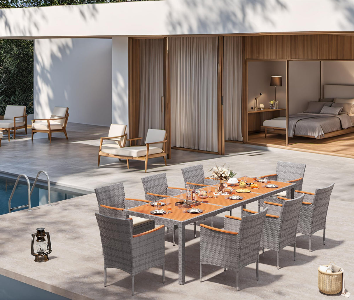 Devoko Outdoor Patio Dining Sets 9 Pieces Wicker Outdoor Dining Table and Chairs Set with Acacia Wood Table Top and Widened Armrests for Backyard, Garden, Deck (Grey) Devoko