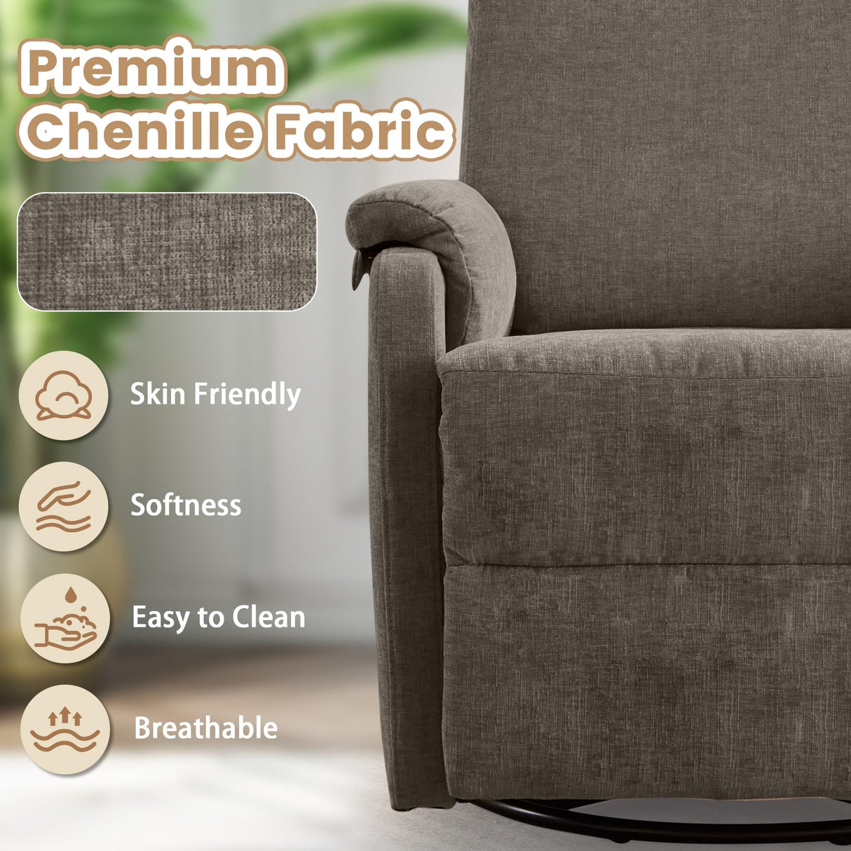 Korser Recliner Chairs, Swivel Rocking Recliner Chair for Adults, Glider Rocking Chair, Small Nursery Recliner for Living Room, Reclining with Modern-Designed Armrests, Chenille, Brown Korser